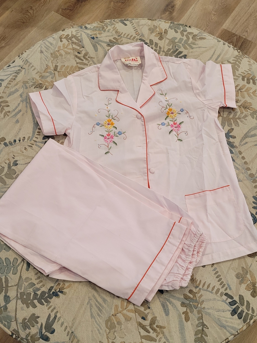 Light Pink Floral-Embroidered Short Sleeve Pajama Set